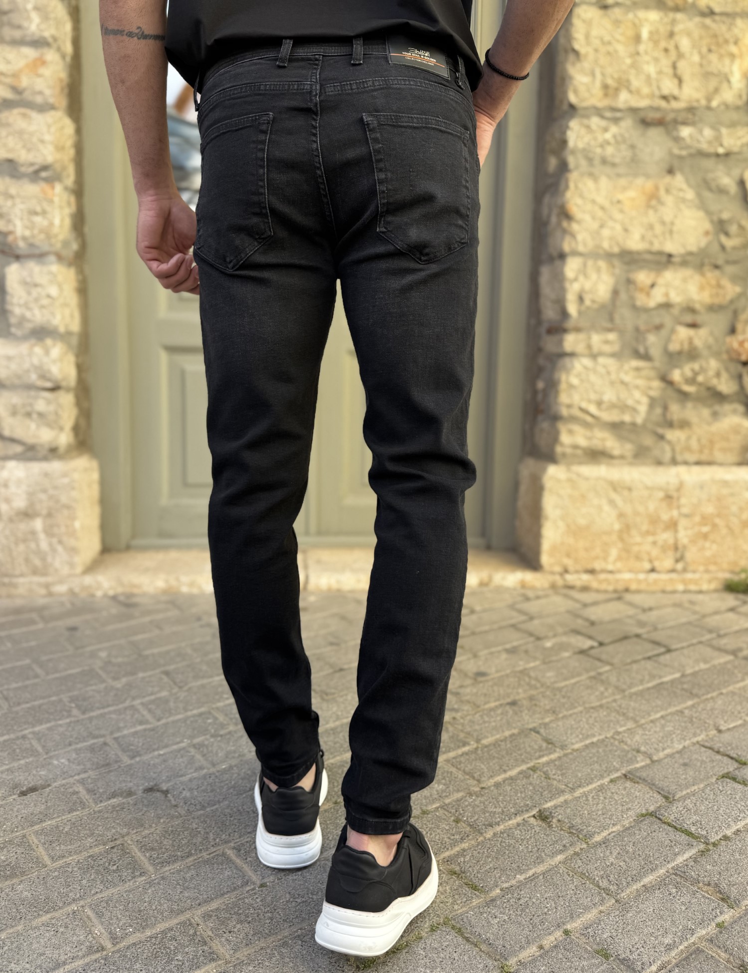 Ανδρικό Slim μαύρο ξεβαμμένο τζιν παντελόνι πεντάτσεπο με κουμπιά 3LN513 φωτογραφία